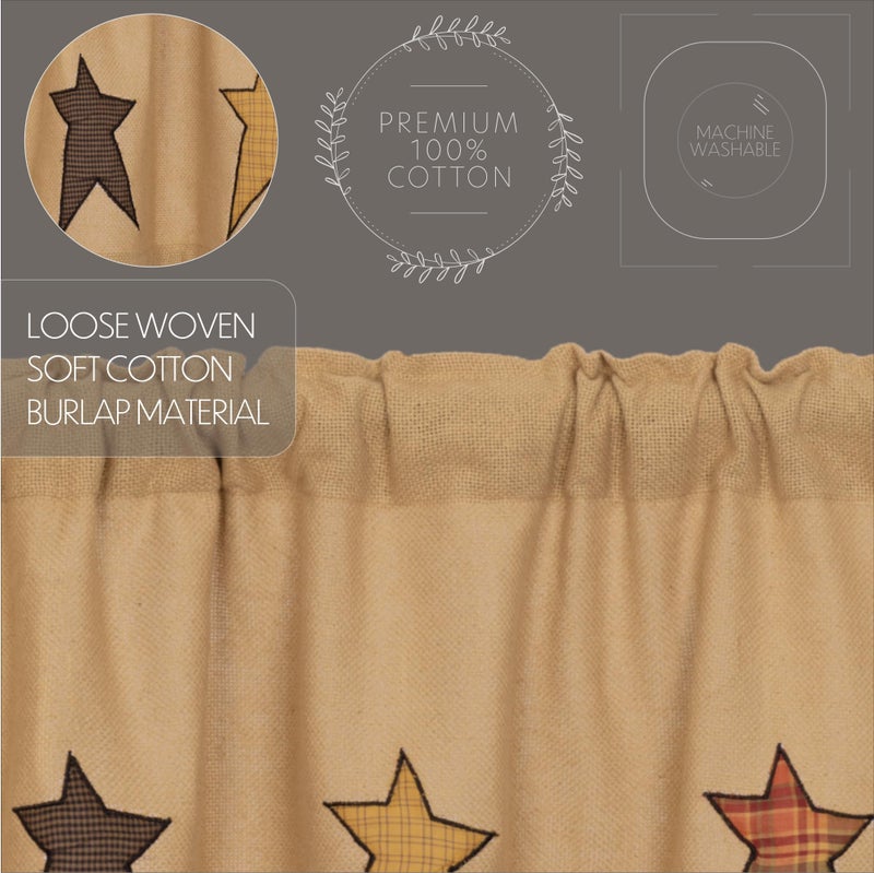 VHC Brands Stratton Primitive 16"x72" Stars Valance Tan Rod Pocket Appliqued Cotton Burlap Kitchen Window Curtains - Image 5